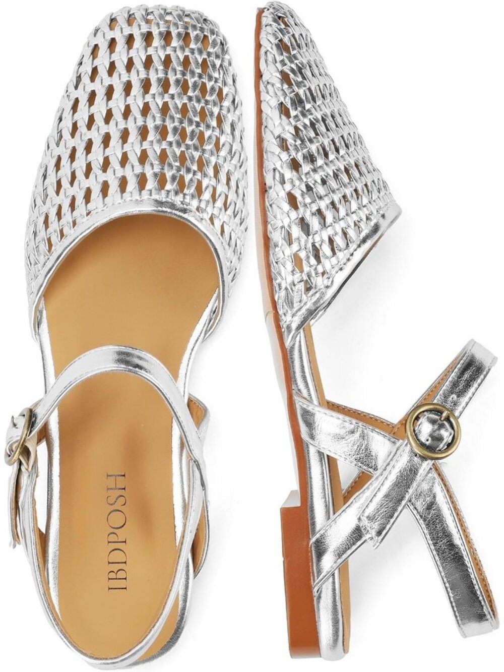 Women's Silver Closed Toe Square Toe Ankle Strap Buckle Closure Braided Sandals